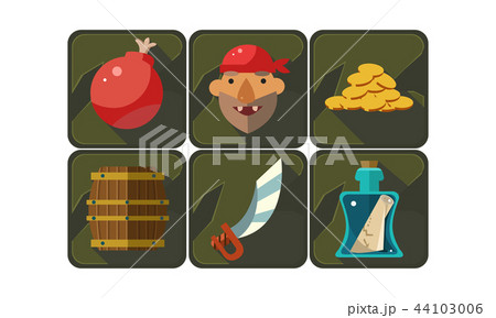 Flat vector set of pirate game symbols. Bomb, freebooter, golden coins, wooden barrel, sword, bottle 44103006