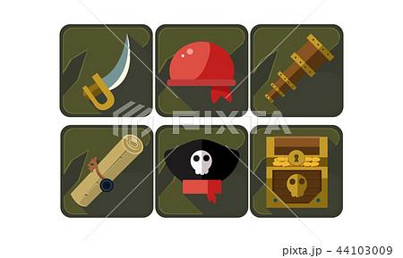 Set of pirate icons. Sword, red bandana, spyglass, scroll, captain s hat and chest with treasure 44103009