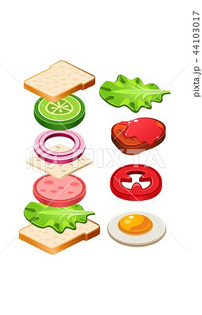 Flat vector icon of tasty sandwich with flying ingredients. Appetizing food for lunch. Delicious 44103017