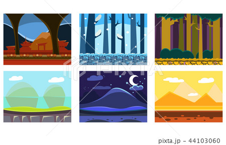Flat vector set of 6 seamless backgrounds for video game. Forests, mountains, desert with pyramids Flat vector set of 6 seamless backgrounds for video game. Forests, mountains, desert with pyramids 44103060