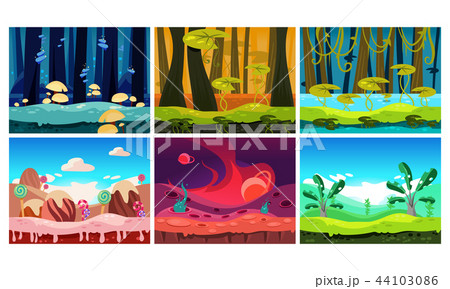 Flat vector set of backgrounds for mobile and computer game. Fantasy world. Sweet land, forests and 44103086