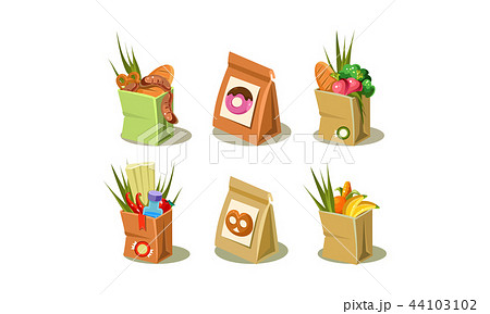 Set of paper bag with groceries. Packaging with donuts and pretzels. Colorful flat vector icons 44103102