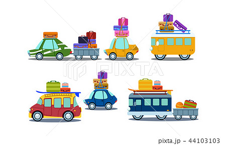 Flat vector set of colorful vehicles with luggage on roof. Vans, cars and bus with trailer. Travel 44103103