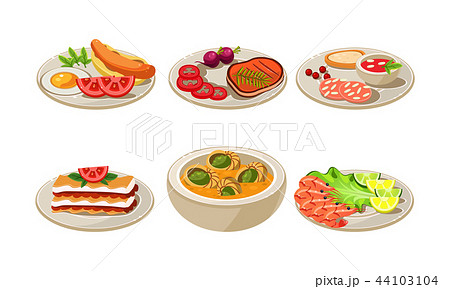 Flat vector set of appetizing dishes. Plates with tasty food for breakfast and dinner. Cooking theme 44103104