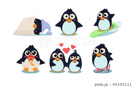 Flat vector set of funny penguins in different actions sleeping, surfing, skating, baby in diaper 44103111