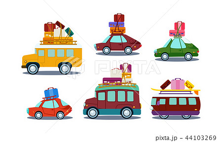 Flat vector set of colorful automobiles with luggage on roof. Bus, van and car. Road trip theme Flat vector set of colorful automobiles with luggage on roof. Bus, van and car. Road trip theme 44103269