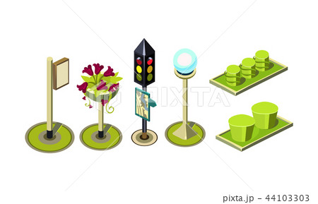 Set of isometric vector elements for city constructor. Traffic light with map, street lantern Set of isometric vector elements for city constructor. Traffic light with map, street lantern 44103303