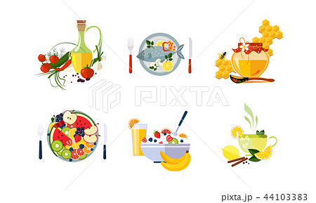 Healthy organic food set, vegetarian menu vector Illustration on a white background 44103383