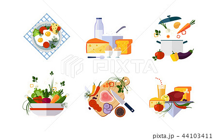 Healthy organic food set, diet menu, dairy, vegetable and meat products vector Illustration on a Healthy organic food set, diet menu, dairy, vegetable and meat products vector Illustration on a 44103411