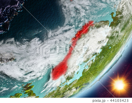 Orbit view of Norway during sunrise 44103423