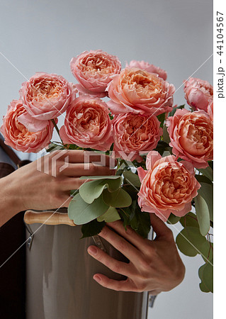 A brown vase with pink roses in female hands on a gray background with space for text. A brown vase with pink roses in female hands on a gray background with space for text. 44104567
