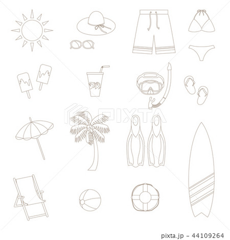 海水浴アイテムのアイコンセット 線画のイラスト素材
