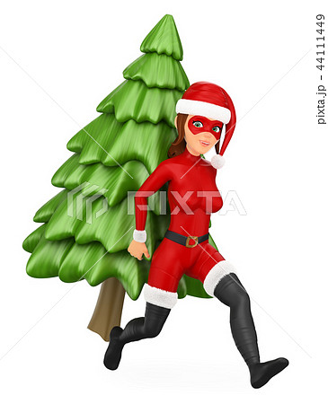 3D Woman christmas superhero running with fir tree 44111449