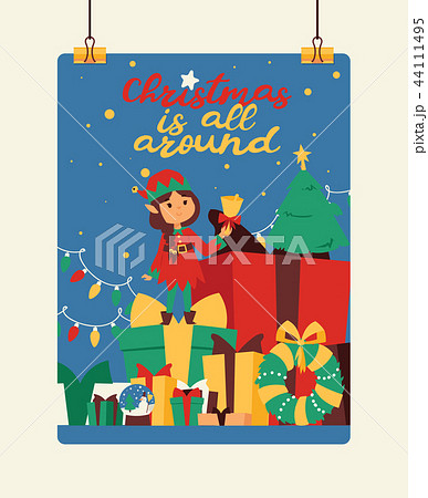 Santa Claus elf kids helpers vector illustration children celebrate Cristmas party. Santa helpers in 44111495