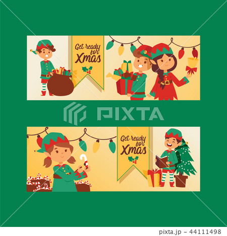 Santa Claus elf kids helpers vector illustration children celebrate Cristmas party. Santa helpers in 44111498