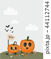 Two happy and cute pumpkins standing with banner boo, symbols of Halloween party. 44112744