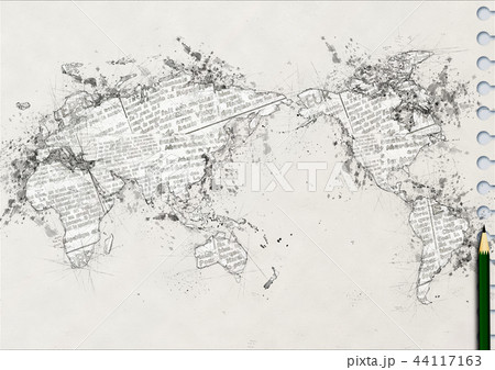 スケッチブックに鉛筆で描いた世界地図のイラスト素材