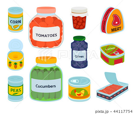 Collection of various tins canned goods food metal container product vector illustration. 44117754