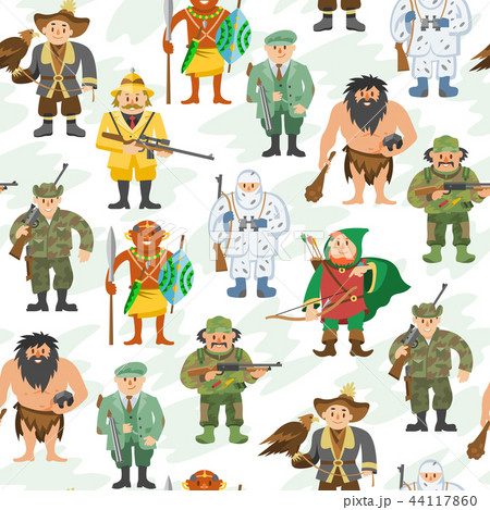 Hunters vector illustration cartoon style different gear huntsman characters aiming man people Hunters vector illustration cartoon style different gear huntsman characters aiming man people 44117860