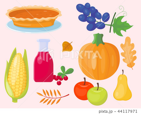 Colorful cartoon icons for thanksgiving day pumpkin holiday vector autumn design leaf season 44117971