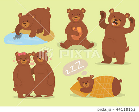Cartoon bear character teddy pose vector set wild grizzly cute illustration adorable animal design. 44118153