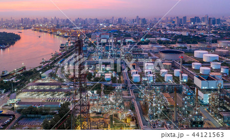 Aerial view petrochemical industrial oil refinery. Aerial view petrochemical industrial oil refinery. 44121563