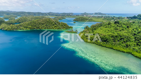 エメラルドグリーンの海に浮かサンゴ礁の島。パラオ。（ドローンで空撮） 44124835