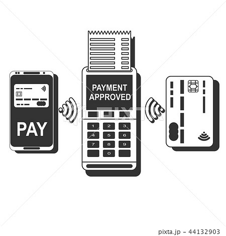 Pos terminal confirms the payment by smartphone and card. Pos terminal confirms the payment by smartphone and card. 44132903