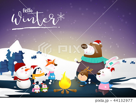 Hello winter with animal cartoon and night snow Hello winter with animal cartoon and night snow 44132977