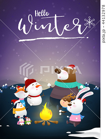 Hello winter with animal cartoon and night snow Hello winter with animal cartoon and night snow 44132978