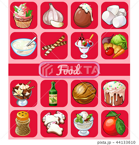 A set of delicious desserts and healthy food. Sketch for holiday stickers, cards or party invitation A set of delicious desserts and healthy food. Sketch for holiday stickers, cards or party invitation 44133610
