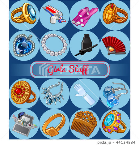 Set of accessories for young girl or bride. Sketch for holiday stickers, celebration card or party 44134834