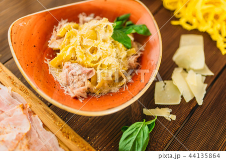 Raw meat, pasta, cheese, berb and eggs, top view 44135864