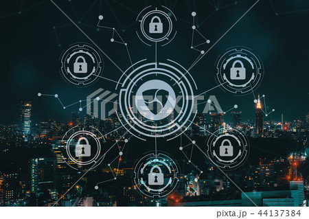 NEM cryptocurrency security theme with aerial view of Tokyo 44137384