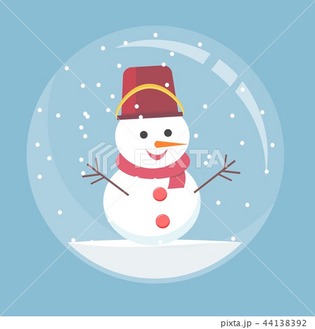 Christmas glass ball with a snowman inside. Spherical New Year snow globe in flat style. 44138392