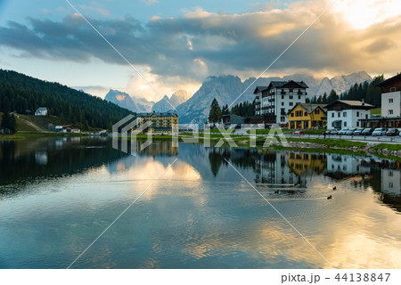 Sunset summer view of Misurina lake National Park Tre Cime di Lavaredo Dolomites Sunset summer view of Misurina lake National Park Tre Cime di Lavaredo Dolomites 44138847