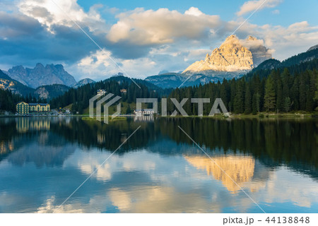 Sunset summer view of Misurina lake National Park Tre Cime di Lavaredo Dolomites Sunset summer view of Misurina lake National Park Tre Cime di Lavaredo Dolomites 44138848