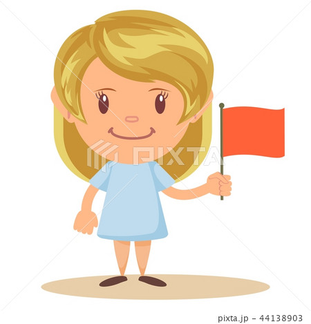 Cute Elementary School Girl Student Holding Red Flag, Cartoon Illustration 44138903
