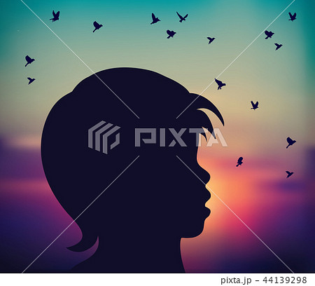 Abstract child silhouette sunrise birds fly freedom 44139298