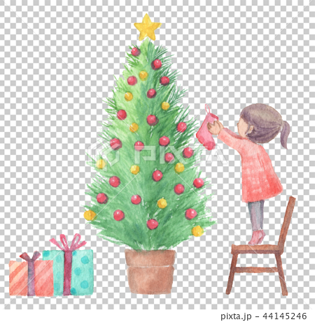 クリスマスツリーに靴下を飾りつける女の子　水彩 44145246