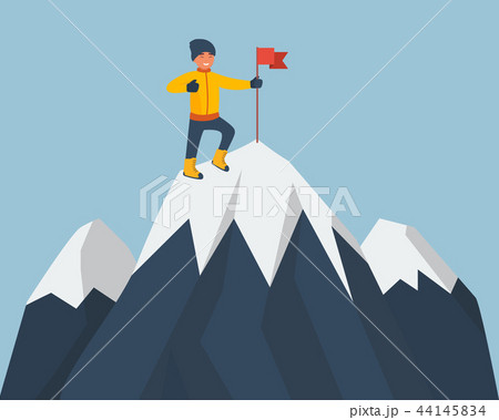 Climber standing on the top of mountain with a red flag. Young smiling mountaineer climbing on a Climber standing on the top of mountain with a red flag. Young smiling mountaineer climbing on a 44145834