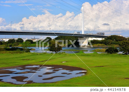 河川敷の水溜りに映る銀河大橋 44154978