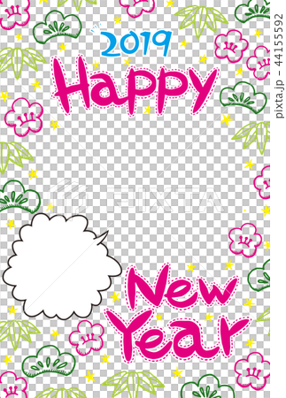 2019年賀状「落書きフォトフレーム」ハッピーニューイヤー　手書き文字スペース空き 44155592