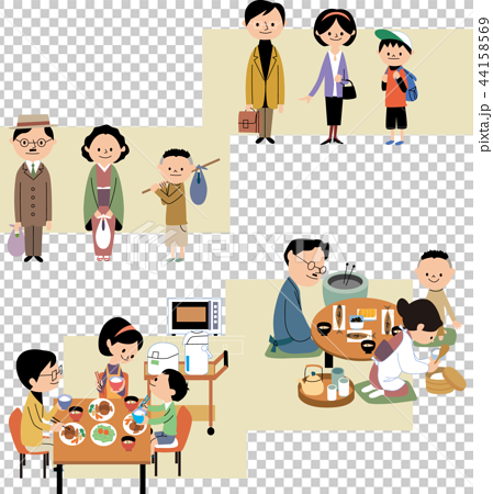 昭和と平成の家庭生活のイラスト素材
