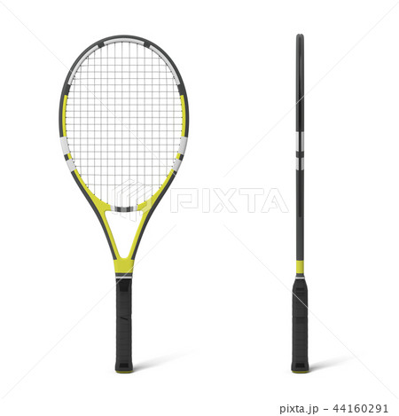 3d rendering of two black and yellow tennis racquets in front and side view. 44160291