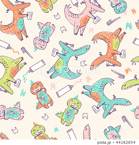 Doodle cute Dinosaurs seamless pattern. Teeth cleaning. Funny kid drawn characters. Vector 44162654