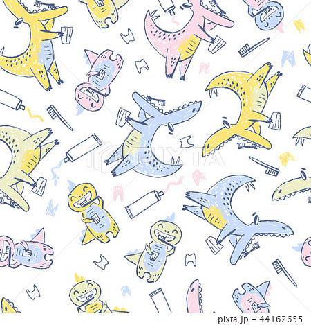 Doodle cute Dinosaurs seamless pattern. Teeth cleaning. Funny kid drawn characters. Vector 44162655