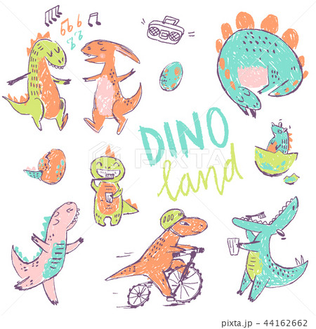 Doodle cute Dinosaurs collection. Funny cute kid drawn characters. Vector illustration 44162662