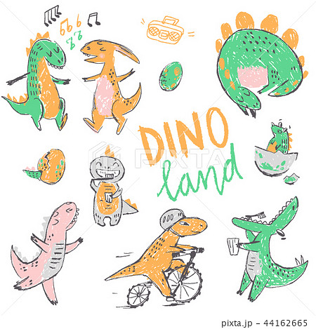 Doodle cute Dinosaurs collection. Funny cute kid drawn characters. Vector illustration 44162665