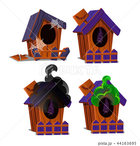 Set of wooden birdhouses with a bat inside and poisonous smoke isolated on white background. Sketch Set of wooden birdhouses with a bat inside and poisonous smoke isolated on white background. Sketch 44163695